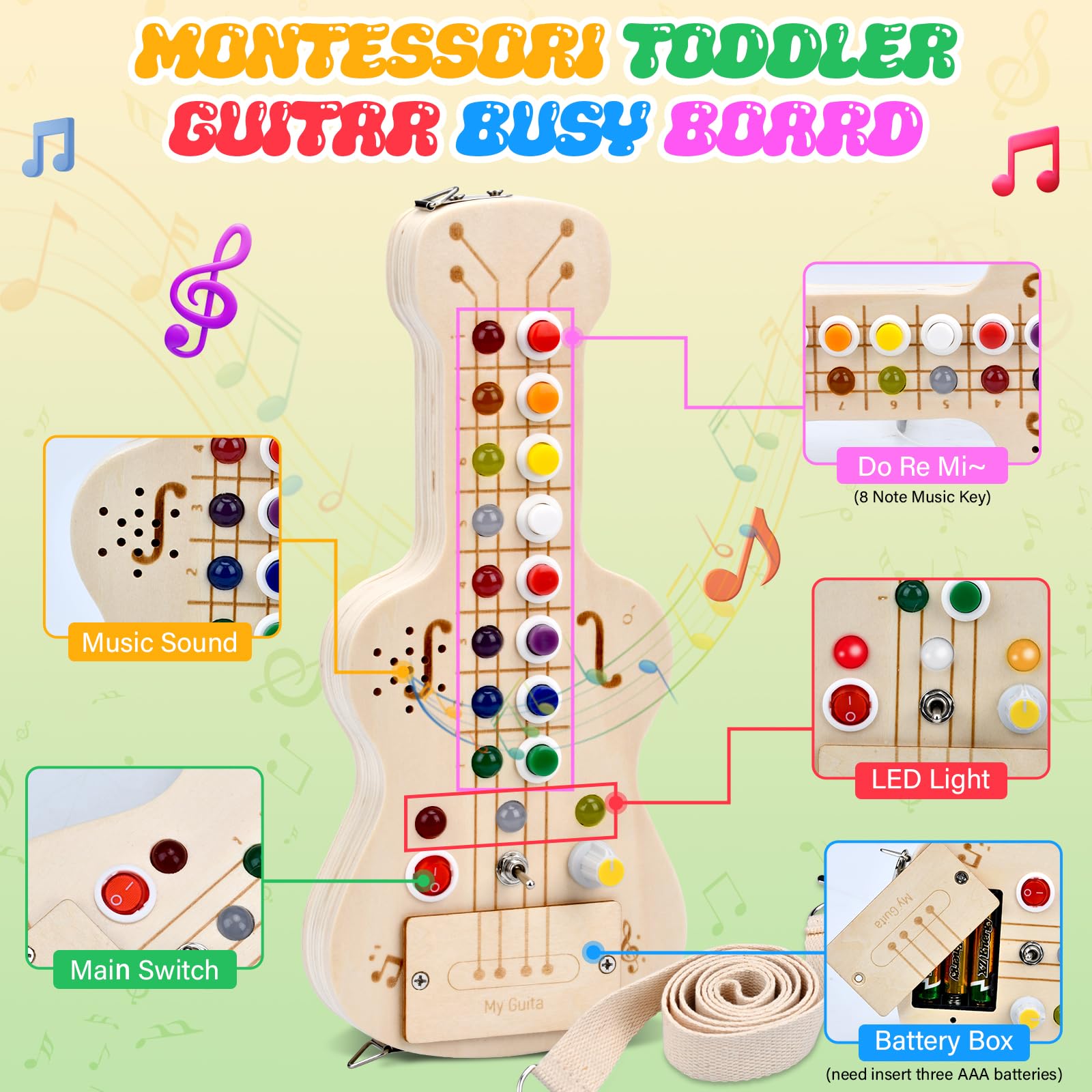 Busy Board Montessori Guitare Jouet Enfant avec Lumières LED et Boutons de Note Jouet en Bois Sensoriel pour 1-5 Ans