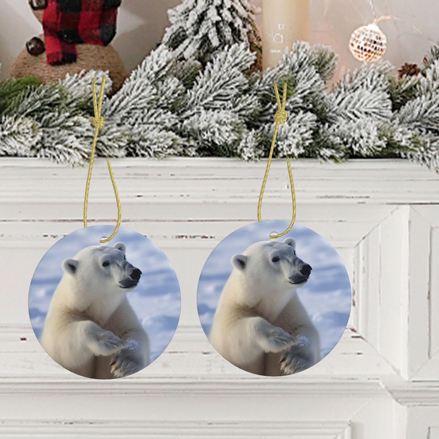 Polar bear Christmas Ornament Round Ceramic Hanging Ornaments for Christmas Tree Holidays Ornaments with Gold Rope Hanging Porcelain Pendants for Party Xmas Decoration