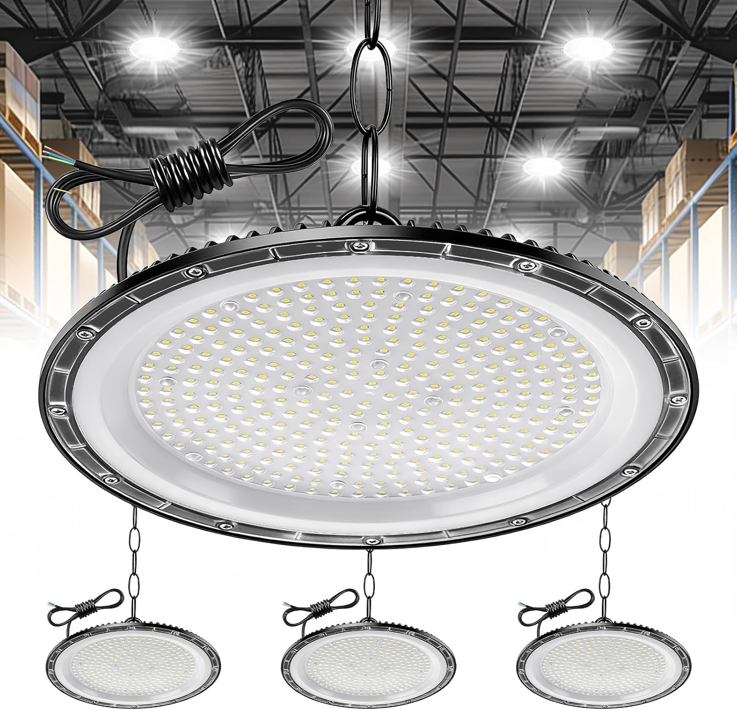 papasbox 4 Pack 500W LED lampada da soffitto per officina 6500K bianco freddo faretto da soffitto 50000lm | IP65 impermeabile UFO illuminazione per capannoni faretto lampada industriale