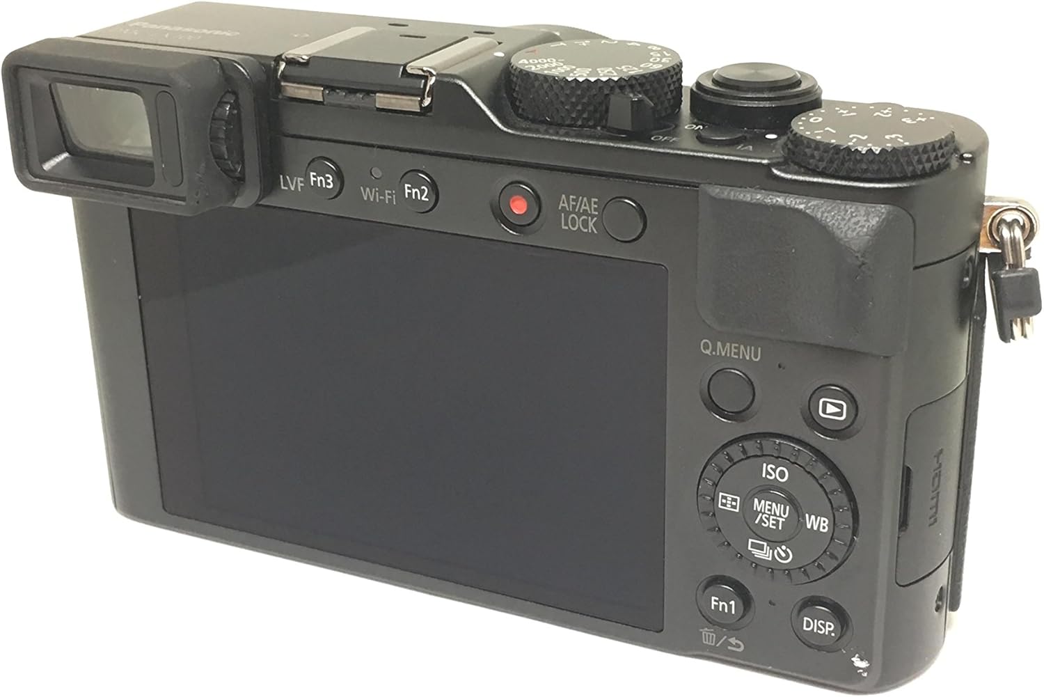 Agter view of Panasonic Lumix DMC-LX100 camera with LCD screen and control buttons.