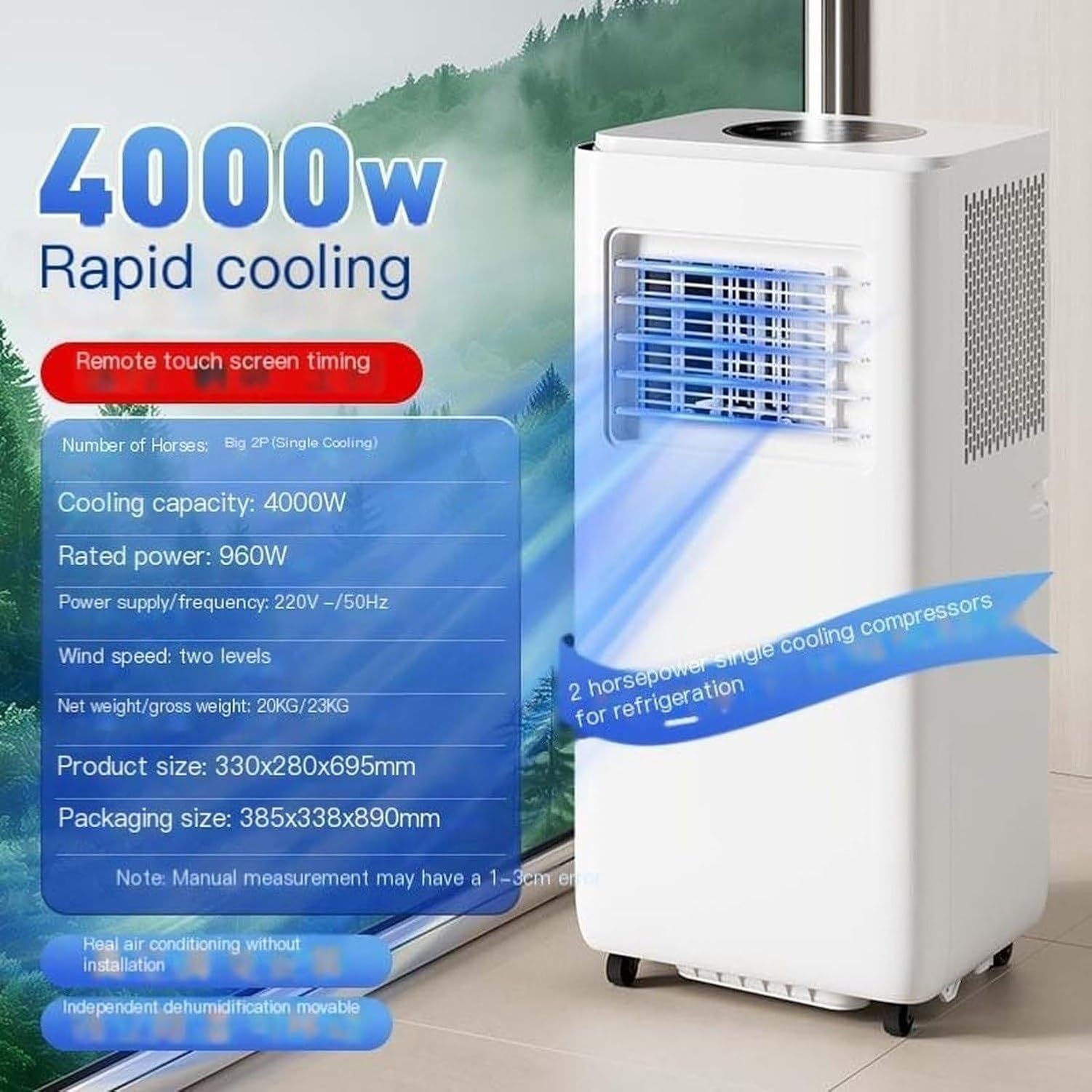 Condizionatore Portatile 14000BTU Deumidificatore Commerciale con Kit Installazione, 2 velocità Ventola, Timer 24 Ore, Display Digitale per Appartamento Ufficio, 14000 Btu, 14000 BTU