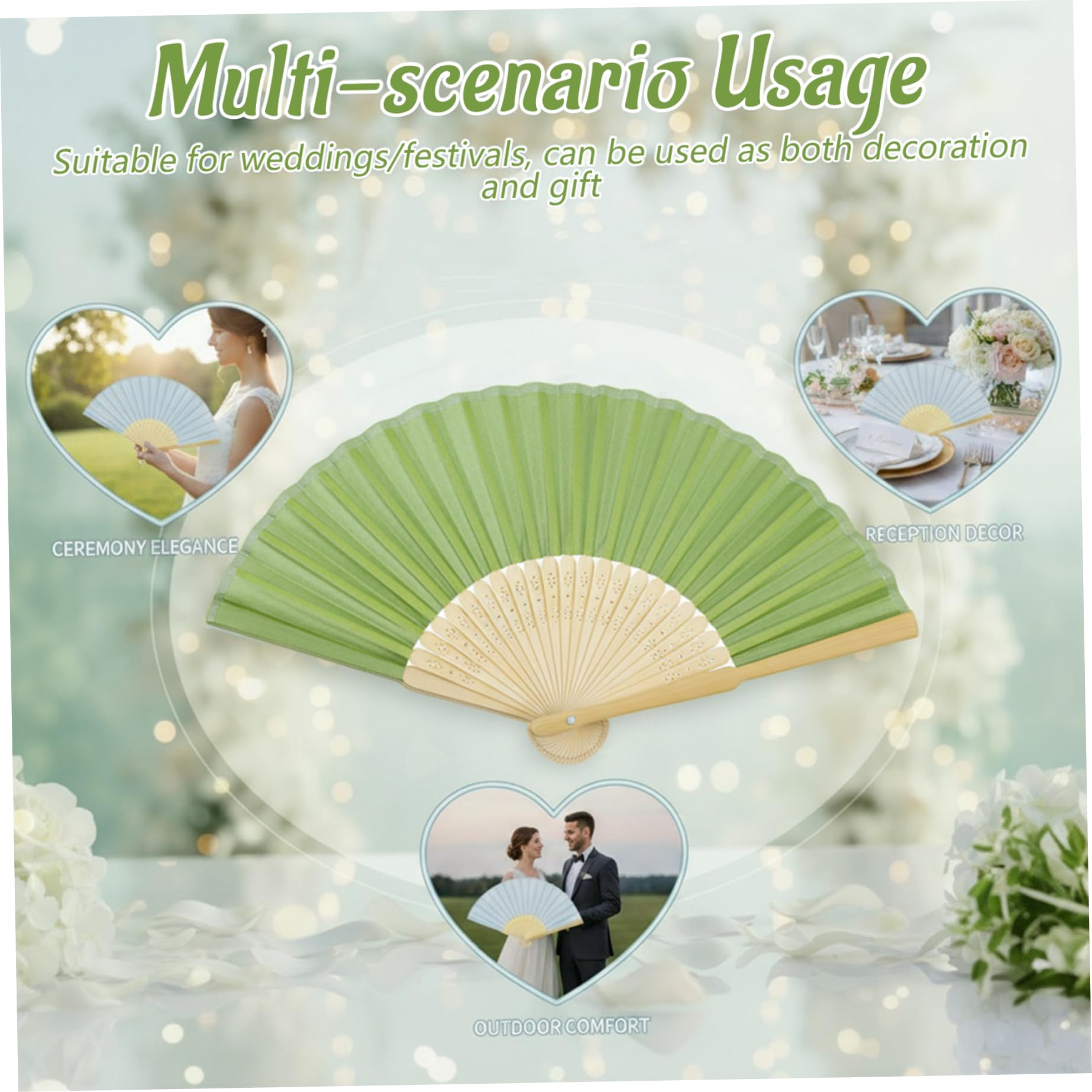 25er-Pack Faltbare Handfächer, Bambus-Seiden-Hochzeitsfächer für Gäste, tragbare 15-Zoll-dekorative chinesische Fächer für Partygeschenke und Heimdekoration, grün