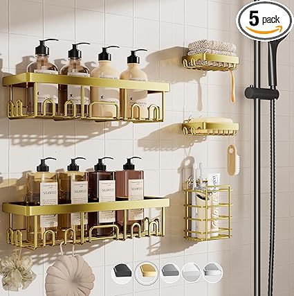 Veken Adhesive Shower Caddy 5-Pack,Heavy Weight Bearing,Large Wall Mounted Shower Shelves Rack,Organizer Storage Accessories with Soap Dish&Toothbrush Holder,Ideal for Bathroom,Home&Kitchen,Gold