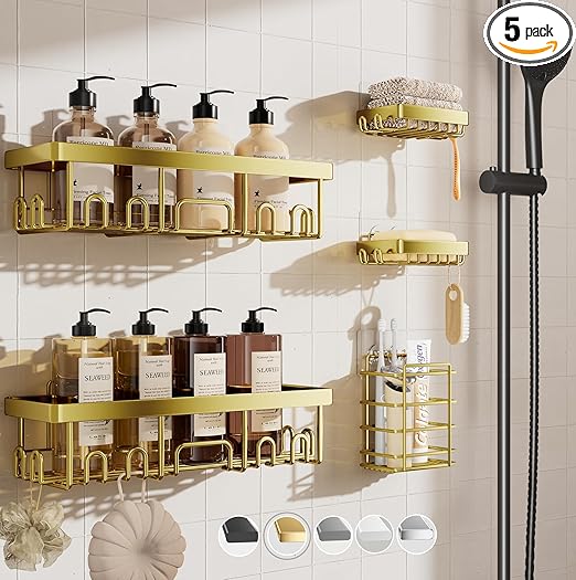 Veken Adhesive Shower Caddy 5-Pack,Heavy Weight Bearing,Large Wall Mounted Shower Shelves Rack,Organizer Storage Accessories with Soap Dish&Toothbrush Holder,Ideal for Bathroom,Home&Kitchen,Gold