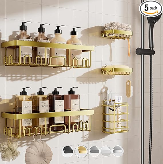 Veken Adhesive Shower Caddy 5-Pack,Heavy Weight Bearing,Large Wall Mounted Shower Shelves Rack,Organizer Storage Accessories with Soap Dish&Toothbrush Holder,Ideal for Bathroom,Home&Kitchen,Gold