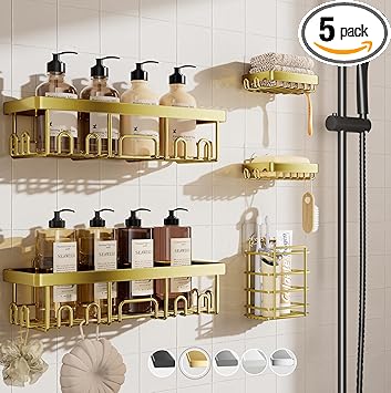 Veken Adhesive Shower Caddy 5-Pack,Heavy Weight Bearing,Large Wall Mounted Shower Shelves Rack,Organizer Storage Accessories with Soap Dish&Toothbrush Holder,Ideal for Bathroom,Home&Kitchen,Gold