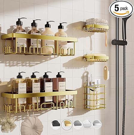 Veken Adhesive Shower Caddy 5-Pack,Heavy Weight Bearing,Large Wall Mounted Shower Shelves Rack,Organizer Storage Accessories with Soap Dish&Toothbrush Holder,Ideal for Bathroom,Home&Kitchen,Gold