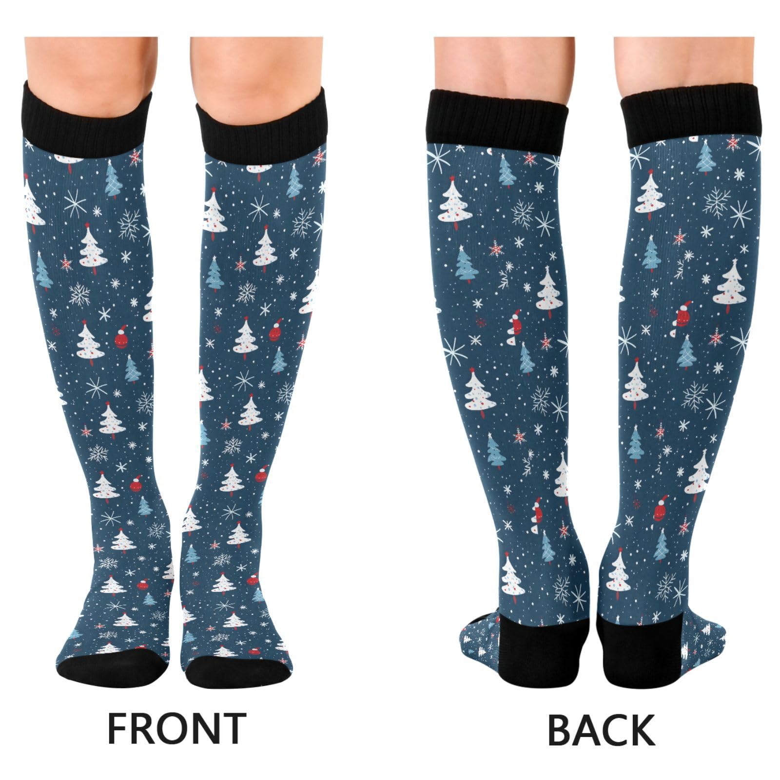 ALAZA Christmas Tree Snowflake Navy Blue Compression Socks for Women Men Circulation Long Socks Running Athletic Cycling 1 pair