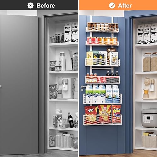 Miniatura 6 de Organizador de despensa de 6 niveles para colgar sobre la puerta, estante de especias colgante con cesta ajustable, estantes para colocar sobre la