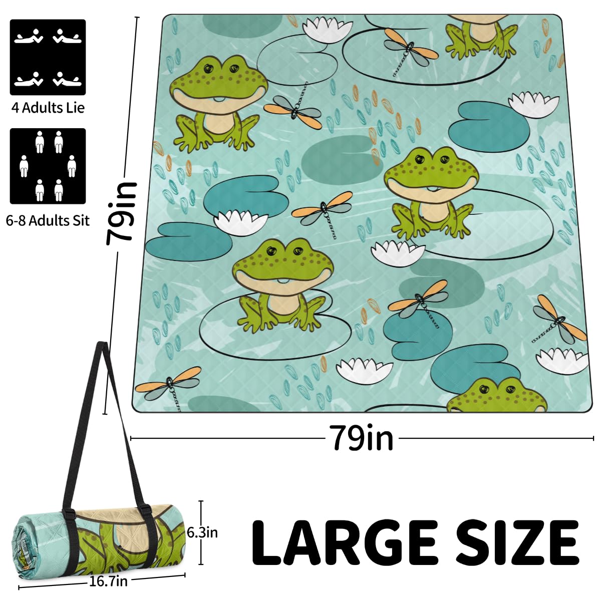 Shimoshe Extra Large Picnic Blankets 79”x 79”, Dragonfly Lotus Leaf Frog Waterproof Foldable Picnic Mat with Straps Portable Beach Blanket for Camping Park Grass Beach Indoor