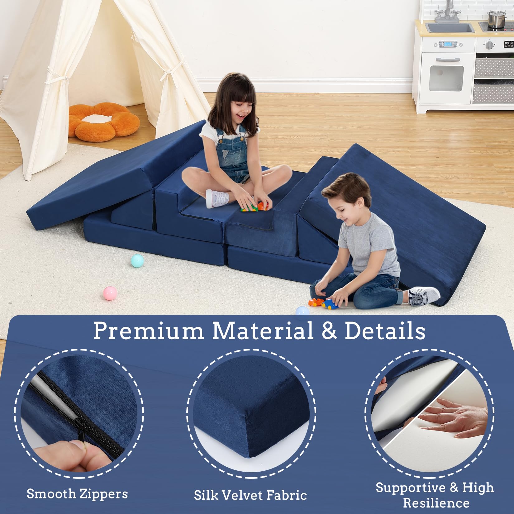 GarveeHome Modulares 8-teiliges Kindersofa-Set – Hochdichter Schaumstoff, wandelbares Polstermöbel – Abnehmbare Bezüge, langlebig & stilvoll für Jungen & Mädchen, Kinderzimmer, Dunkelblau