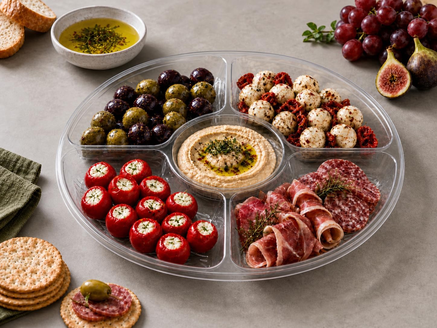 PLASTICPRO 5 Sectional Round Plastic Heavy duty Serving Tray/Platters Clear Pack of 2