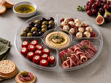 PLASTICPRO 5 Sectional Round Plastic Heavy duty Serving Tray/Platters Clear Pack of 2