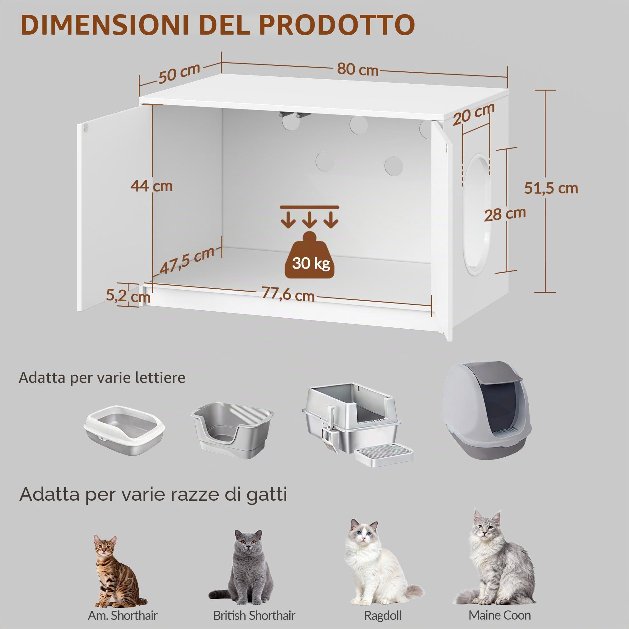 Mobile Lettiera per Gatti, 80 x 50 x 51,5 cm, Bianco | Mobile Nascosto per Lettiera con Ante Apribili a Pressione e Fori di Ventilazione, Casetta in Legno per Gatti, Minimalista
