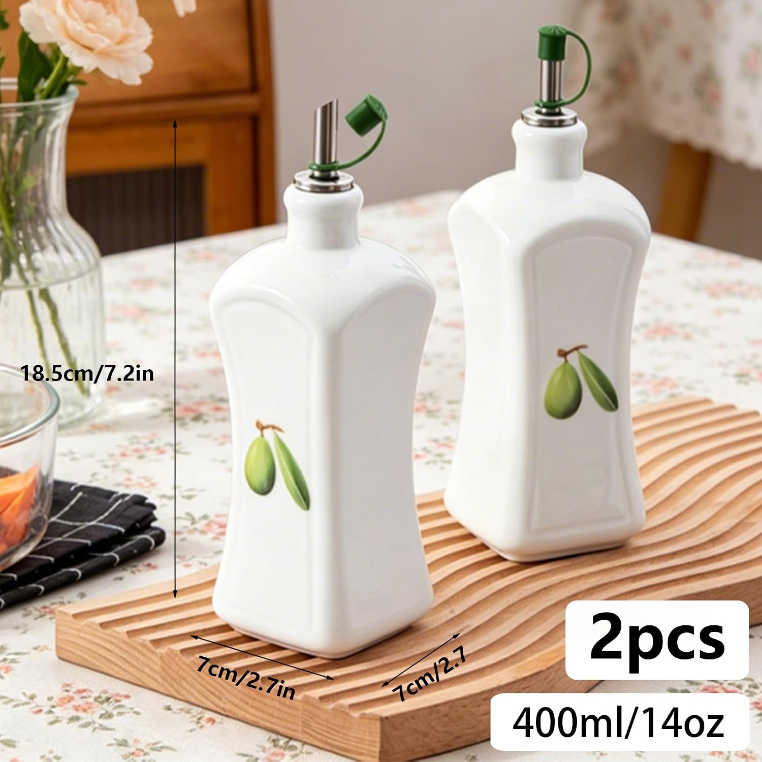 Ceramic Olive Oil & Vinegar Dispensers, White, 14OZ, Set of 2 image 2