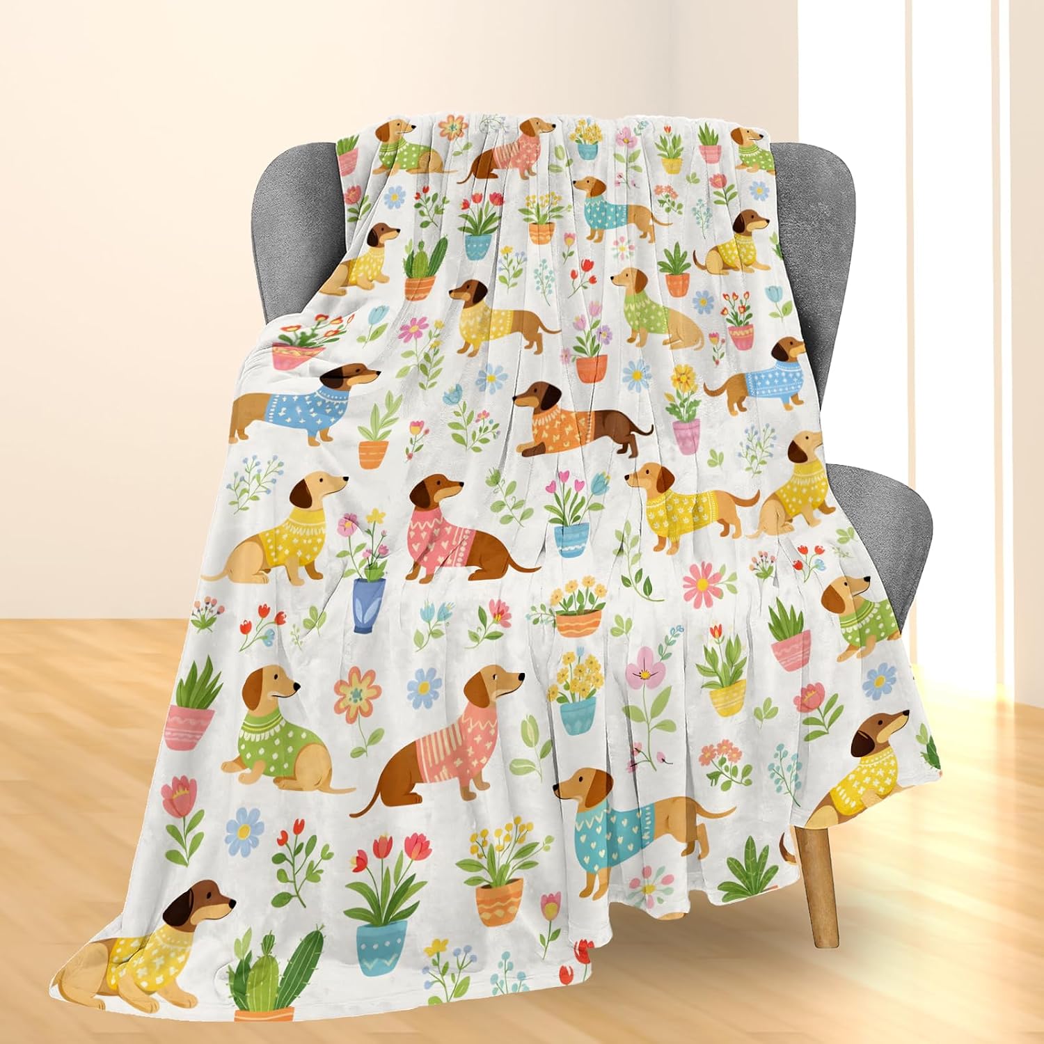 Cute Dachshund Blanket Gifts, Colorful Wiener Dogs with Flowers and Potted Plants Flannel Throw Blanket for Couch, Bed, Travel & Decor, Cozy Lightweight Warm Blankets for Women Kids 60×50 in