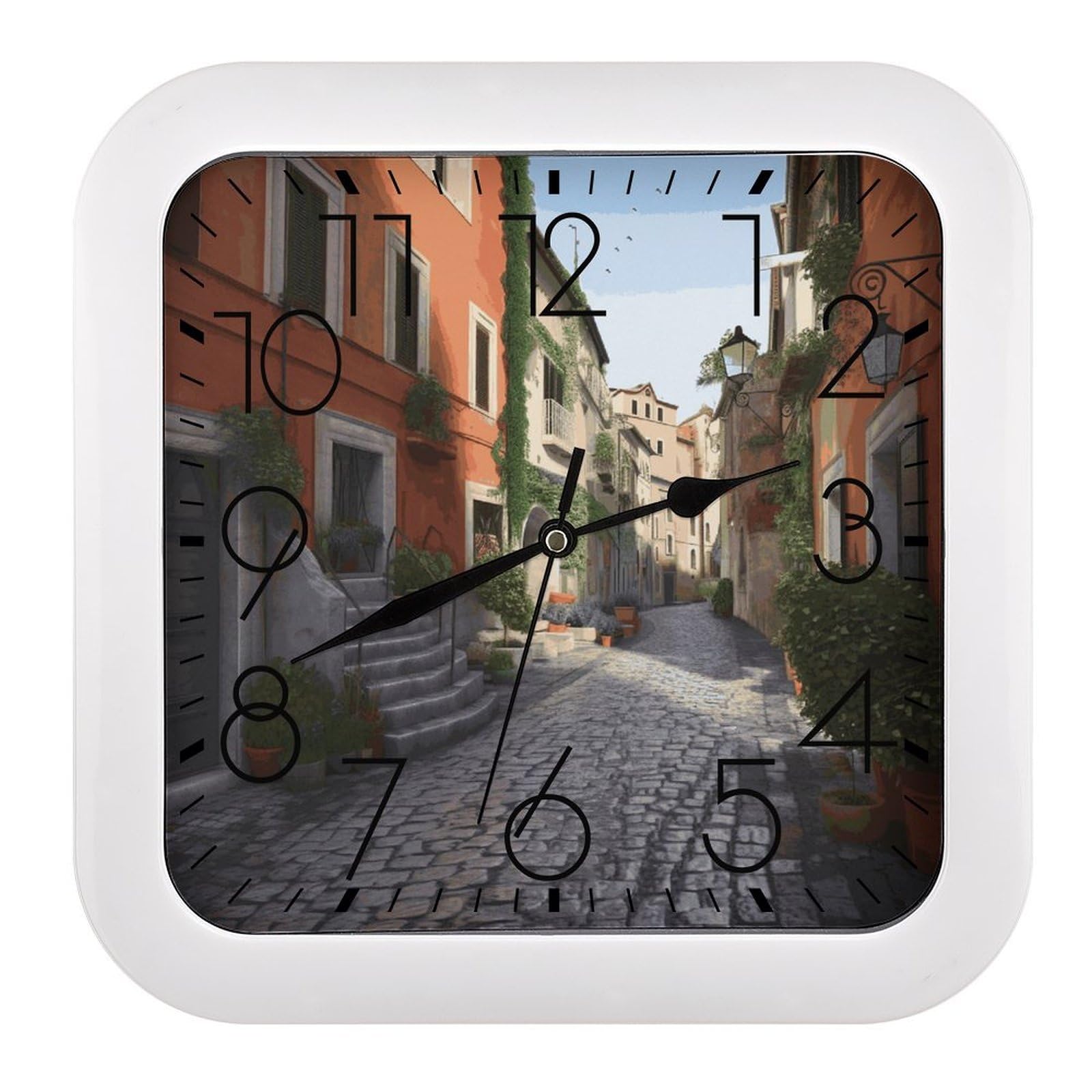 FekiLoot Street of Italy Wall Clock 10.2" Modern Farmhouse Square Clocks Silent No Ticking, Wall Art and Timepiece Clock for Shelf Table Mantel Or Bedside Clocks