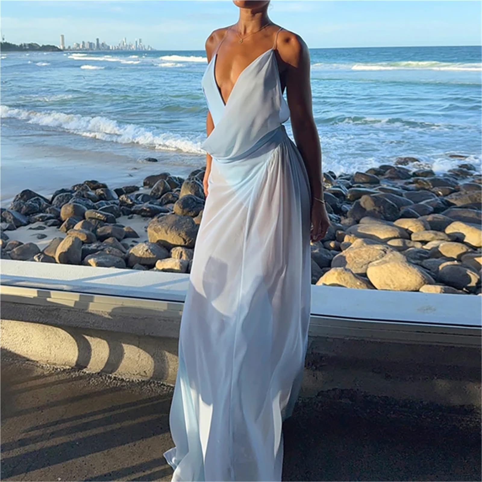 Vestido de Playa Casual sin Espalda Vestidos Fiesta Sexy Mujer Largo Verano Ahueca hacia Fuera la Correa Mangas