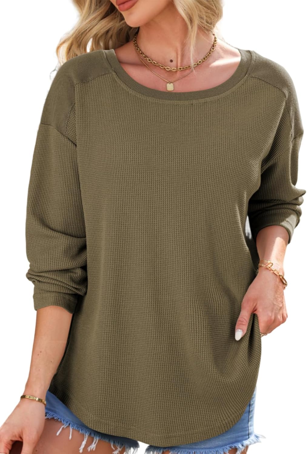 Dokotoo Women’s Oversized 2025 Waffle Knit Tops Crew Neck Long Sleeve Casual Pullover Sweatshirt