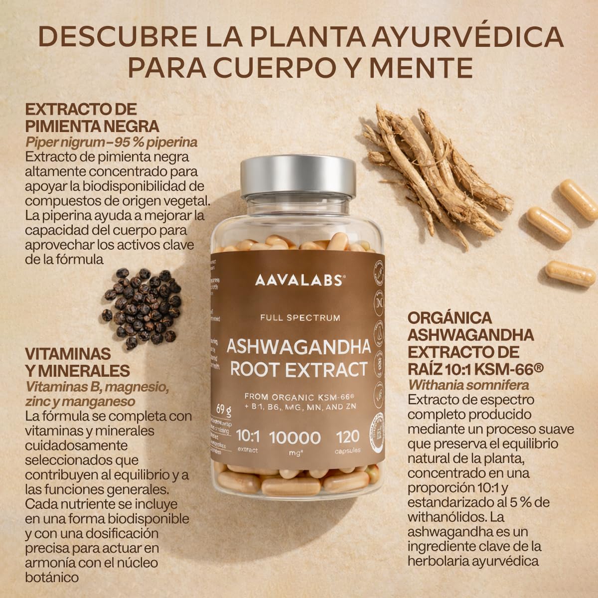 Ashwagandha KSM-66 1000mg (Proporción de Extracto 10:1 Equivalente a 10,000mg por Porción) - 5% de Withanólidos - Ashwagandha Organica con Magnesio, Manganeso, Zinc y Vitamina B6, B1-120 Capsulas