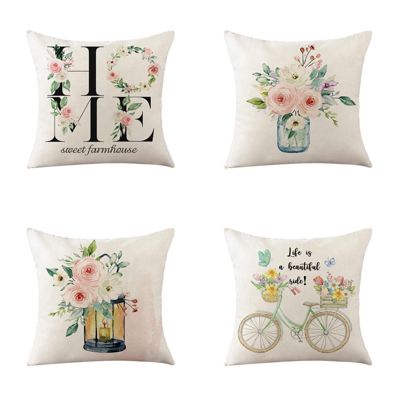 Housse de coussin 55x55cm en lin lot de 4 taies carrées à fleurs jaune rose pour canapé