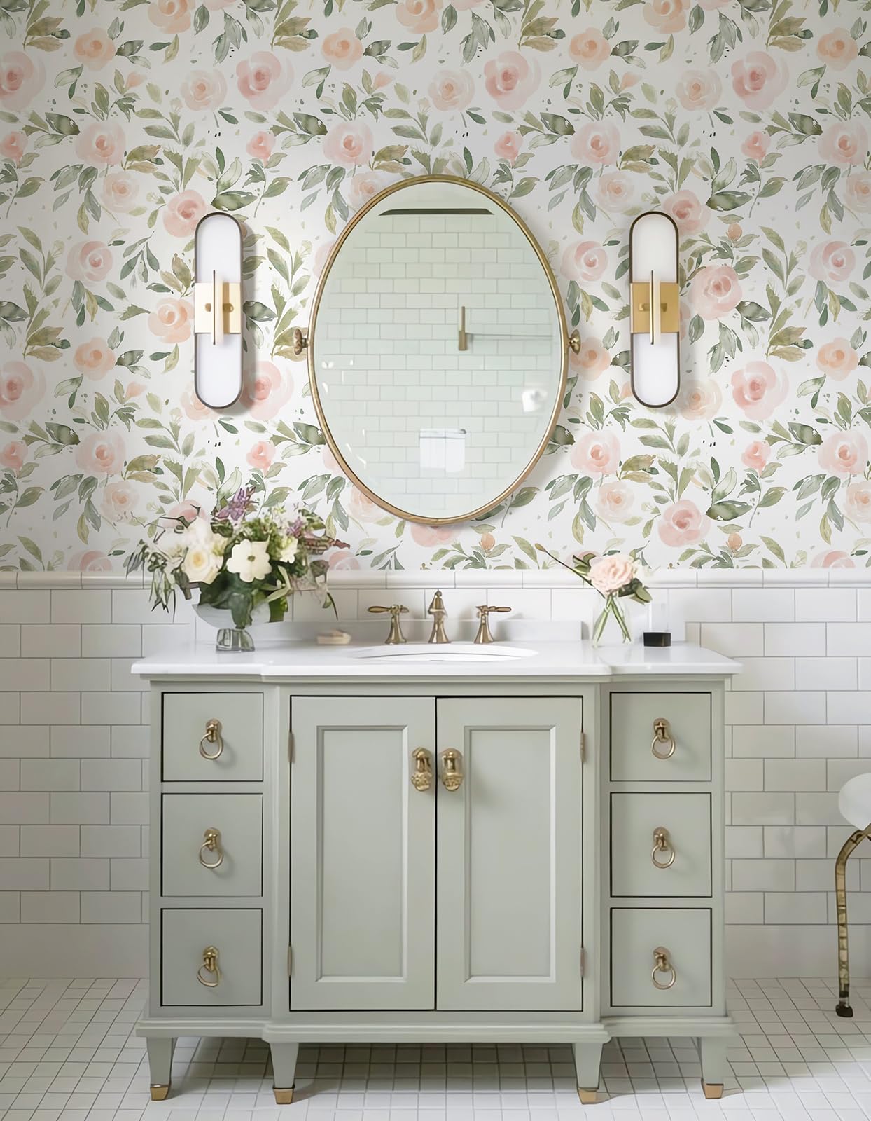 Rouleau de papier peint autocollant rose et vert - 44 x 1000 cm - En vinyle - Motif floral bohème - Amovible - Imperméable - Pour armoires, chambre à coucher, chambre d'enfant, salle à manger
