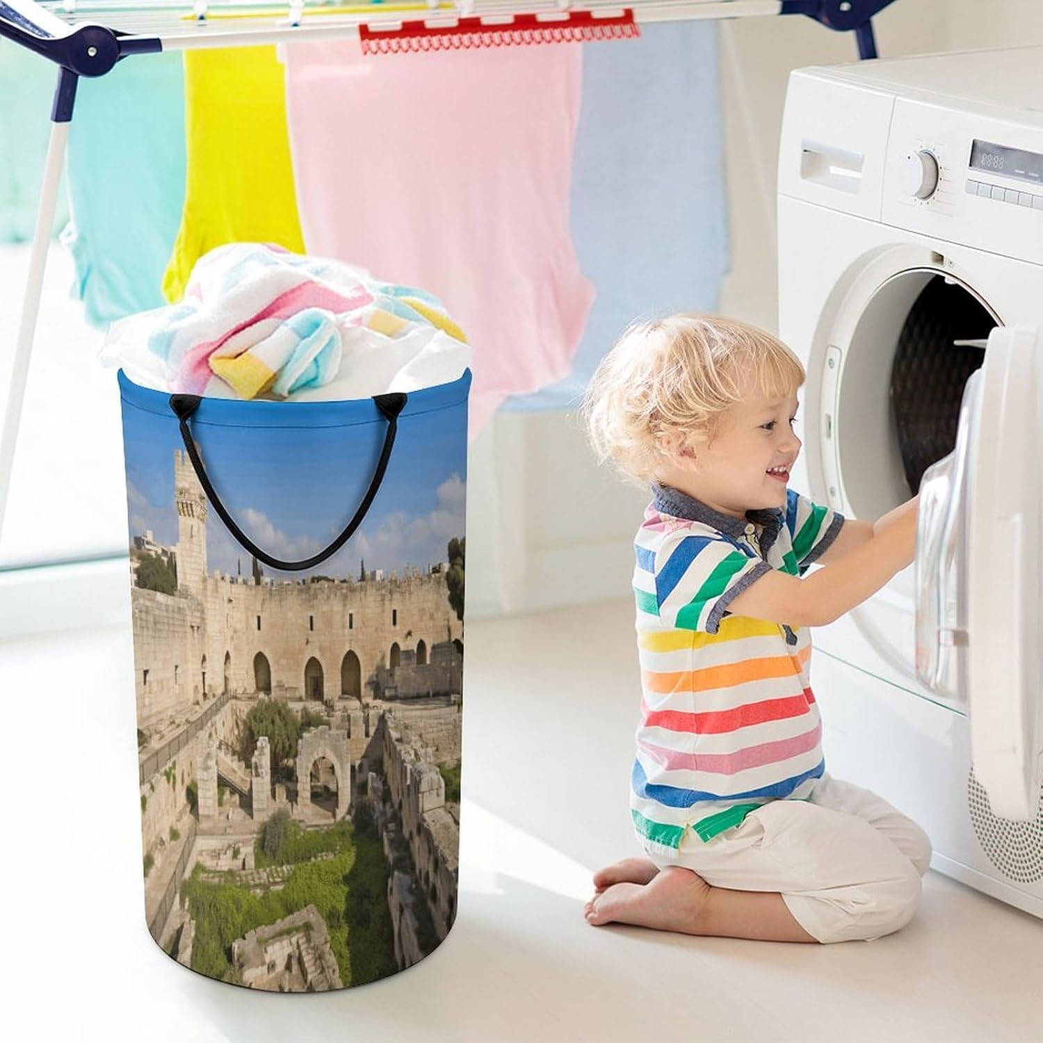 Israel at The Tower of David Laundry Hamper Large Collapsible Laundry Baskets Clothes Storage Basket with Both Sides Handles Narrow Waterproof Clothes Hampers for Bedroom Travel