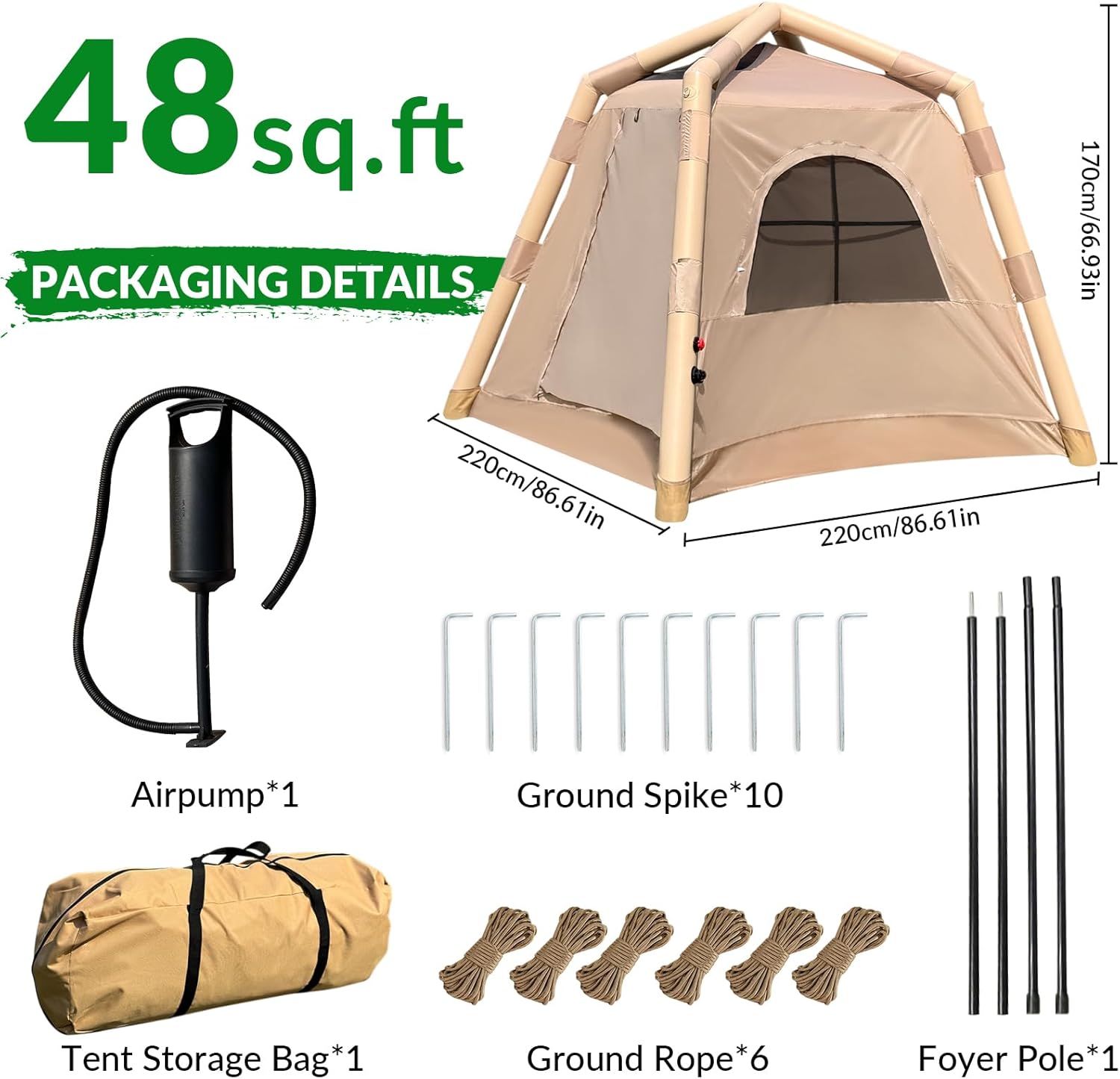JUST-V Inflatable Camping Tent Waterproof Oxford Air Glamping Tents for Camping Adult 2-4 Person Outdoor Air Blow Up Tent with Hand Pump