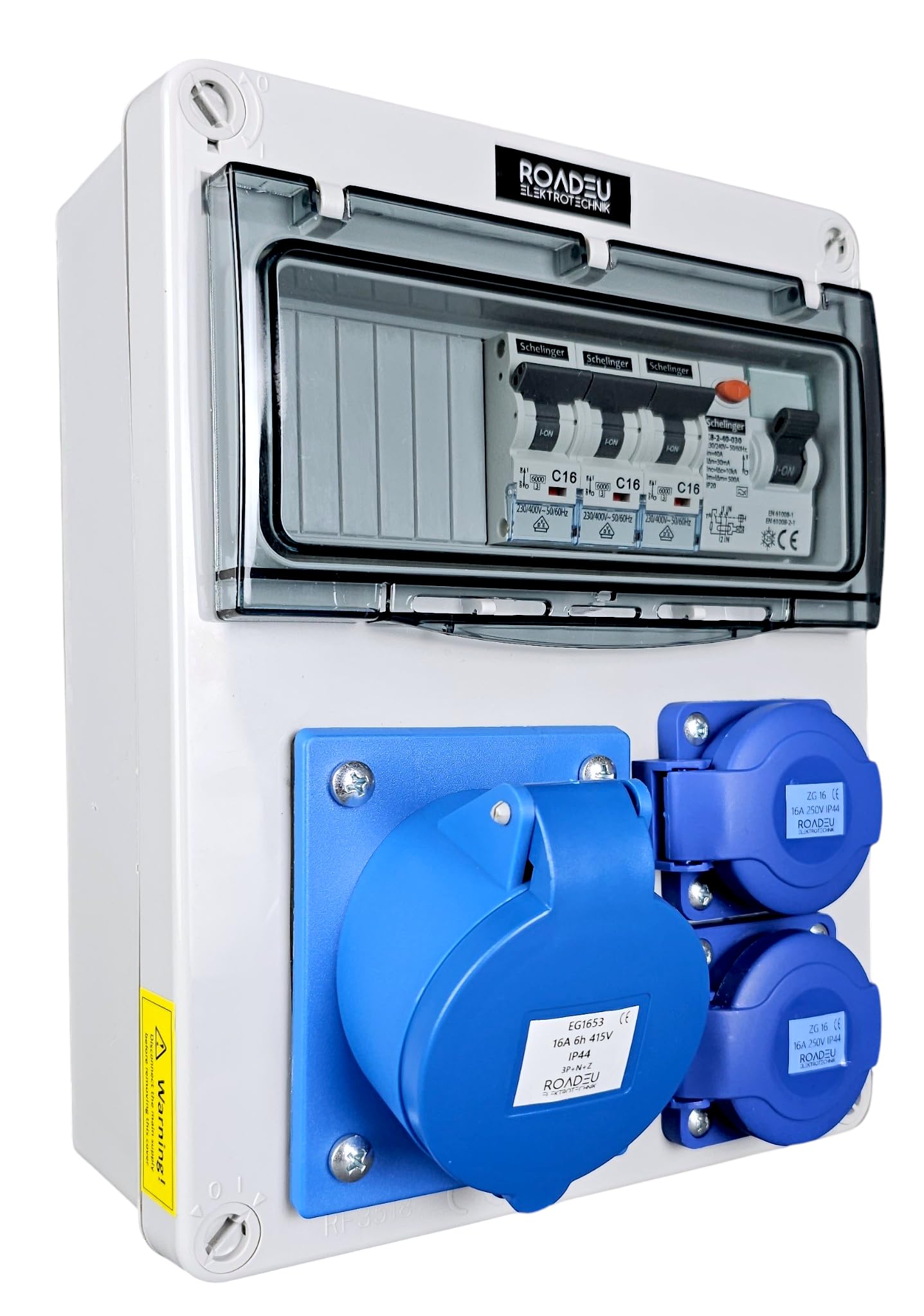RoadEu Stromverteiler 230V IP44 mit FI, CEE 16A 3P und 2x Schuko