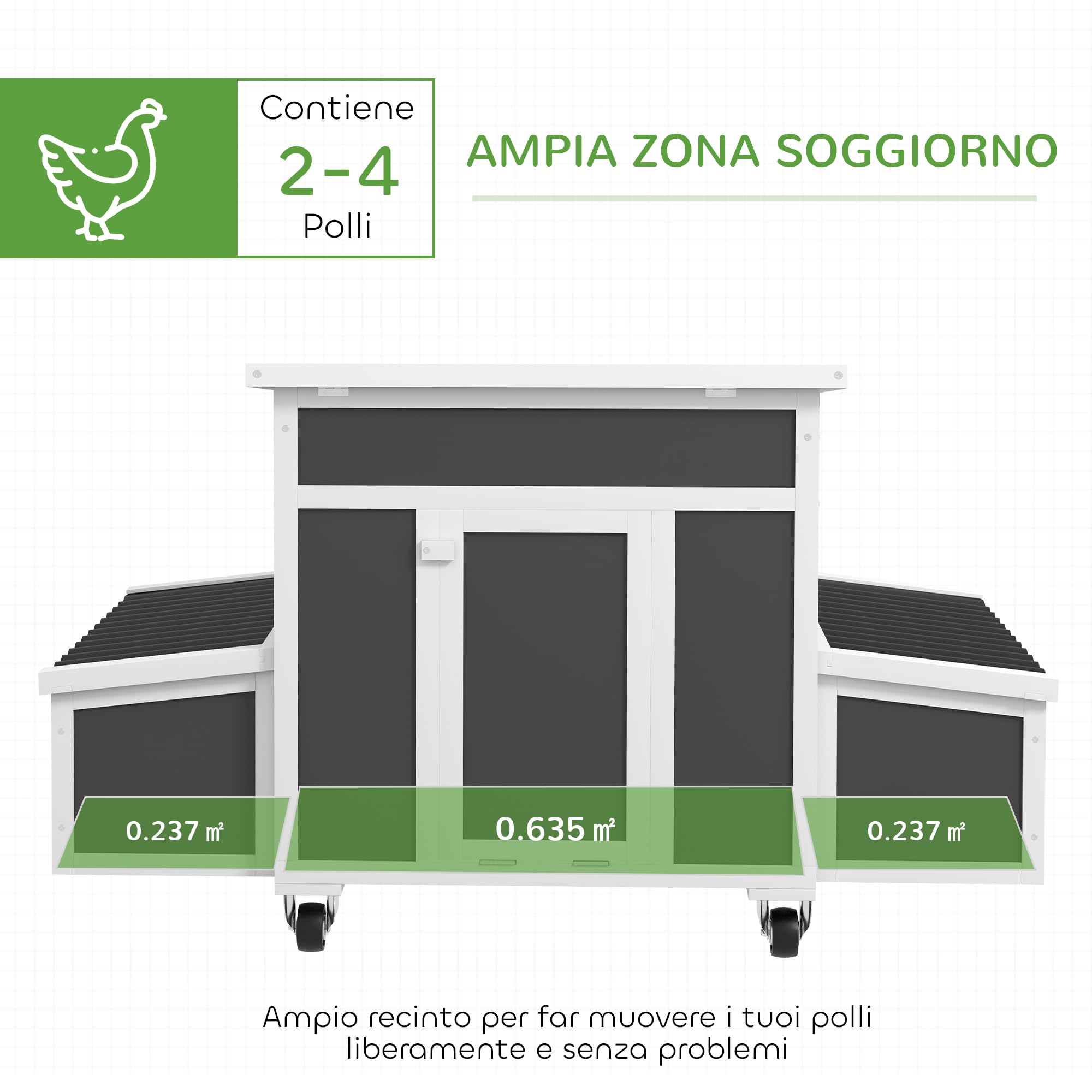 PawHut Pollaio in Legno con 2 Nidi, Ruote Grande Ø7.5cm, Pollaio per Galline Esterno con Tetto Ondulato Apribile Impermeabile, Vassoio Estraibile, Casetta per 2-4 Galline, Anatra, 147x94x90cm, Grigio