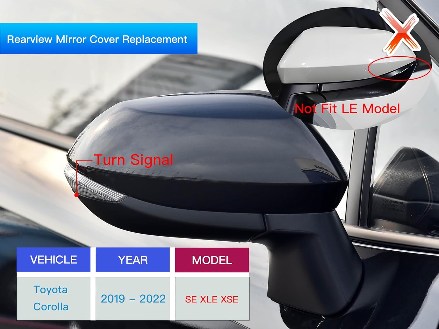 Right Passenger Side Direct Replacement Mirror Cover Cap Compatible with 12th Toyota Corolla 2019-2022 SE XLE XSE Glossy Black