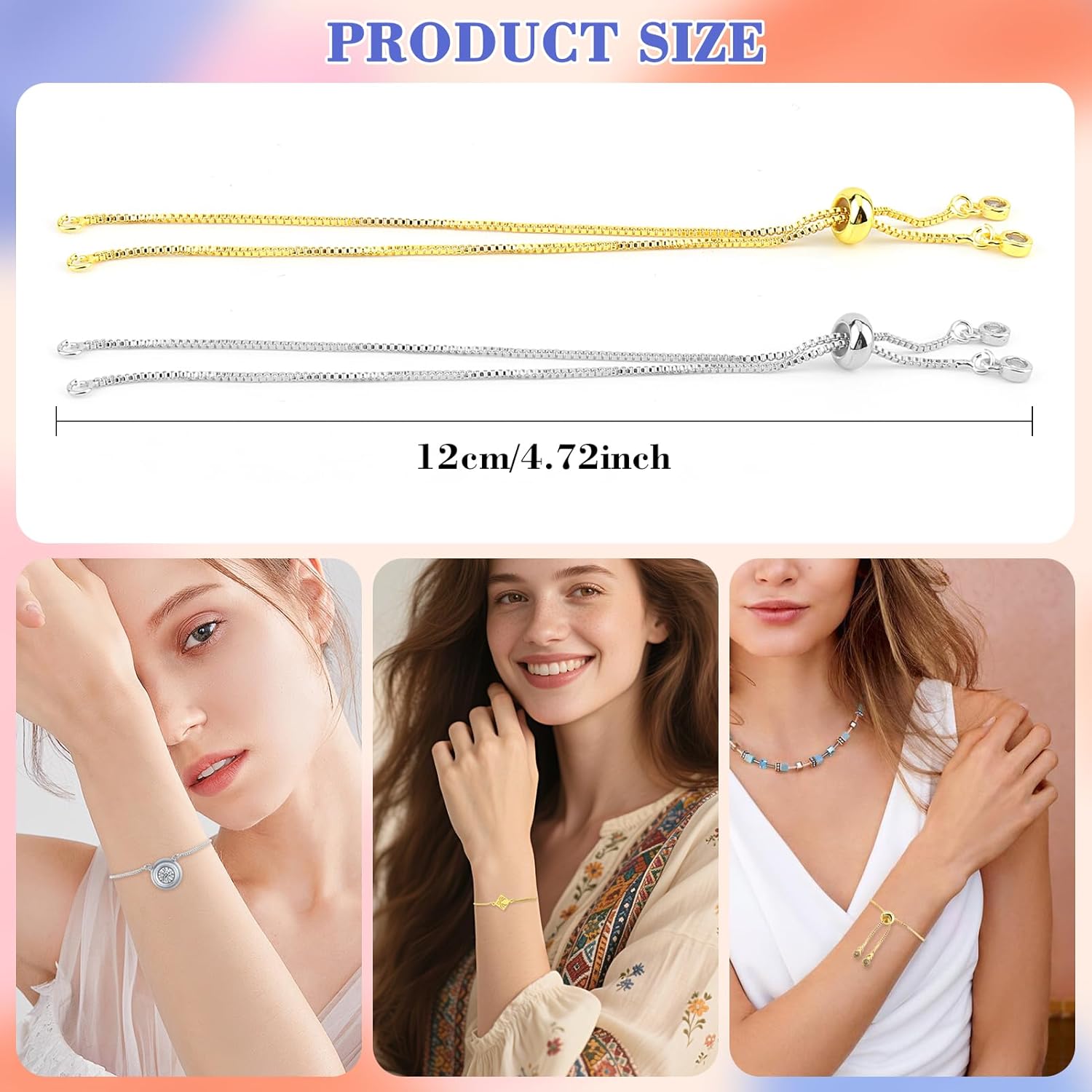 4PCS Adjustable Slider Bracelet Chains for Jewelry Making Rhinestones Ends Extender Chains Silver Adjustable Bracelet Chain for Women DIY Necklace Jewelry Craft Supplies - Image 2