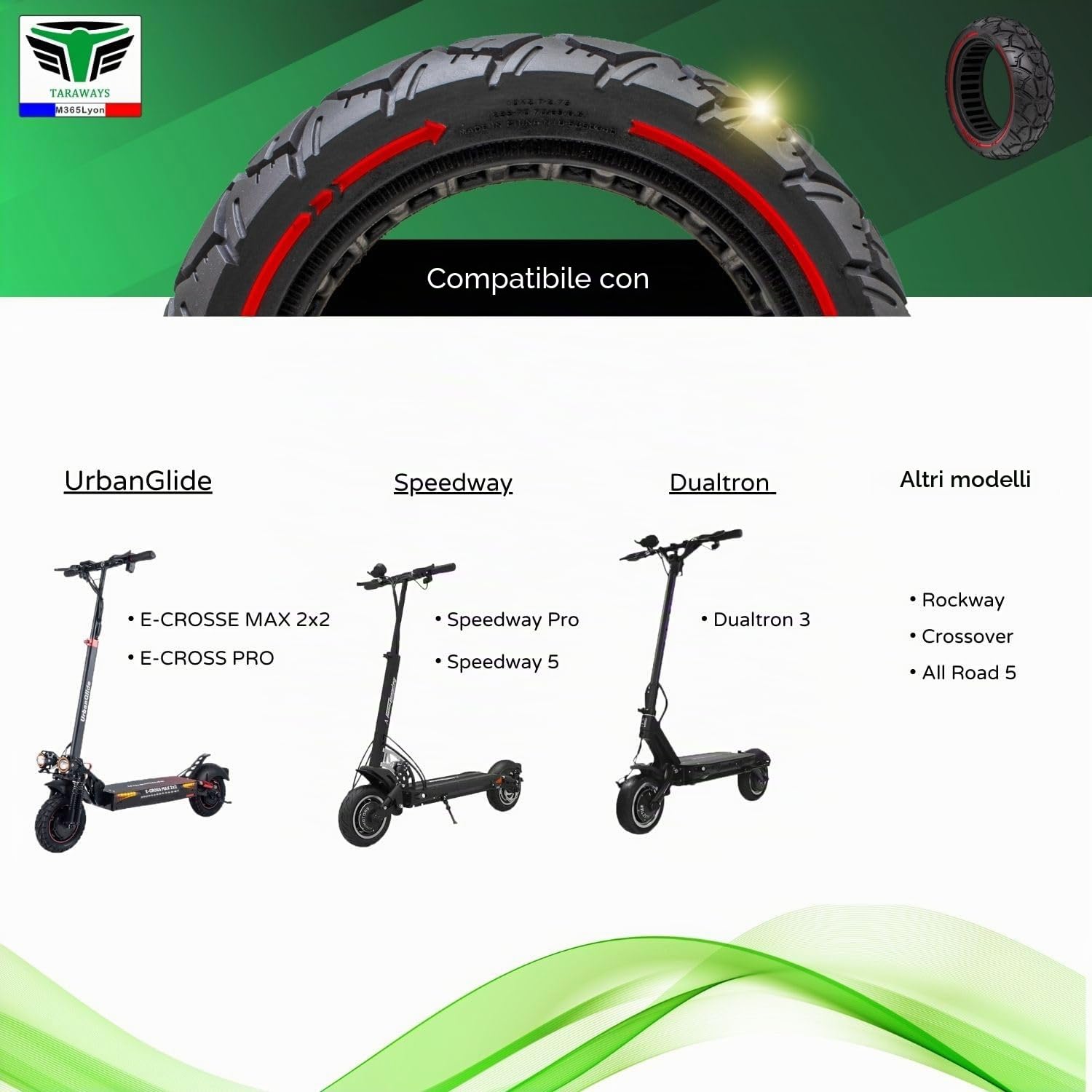Pneumatico completo anti-perforazione 10 x 2.75 (10 x 2.7-6.5) pollici per monopattino UrbanGlide All Road 5, E-CROSSE MAX 2 x 2, Speedway 5 - Rockway - Crossover - Dualtron 3 (1 x