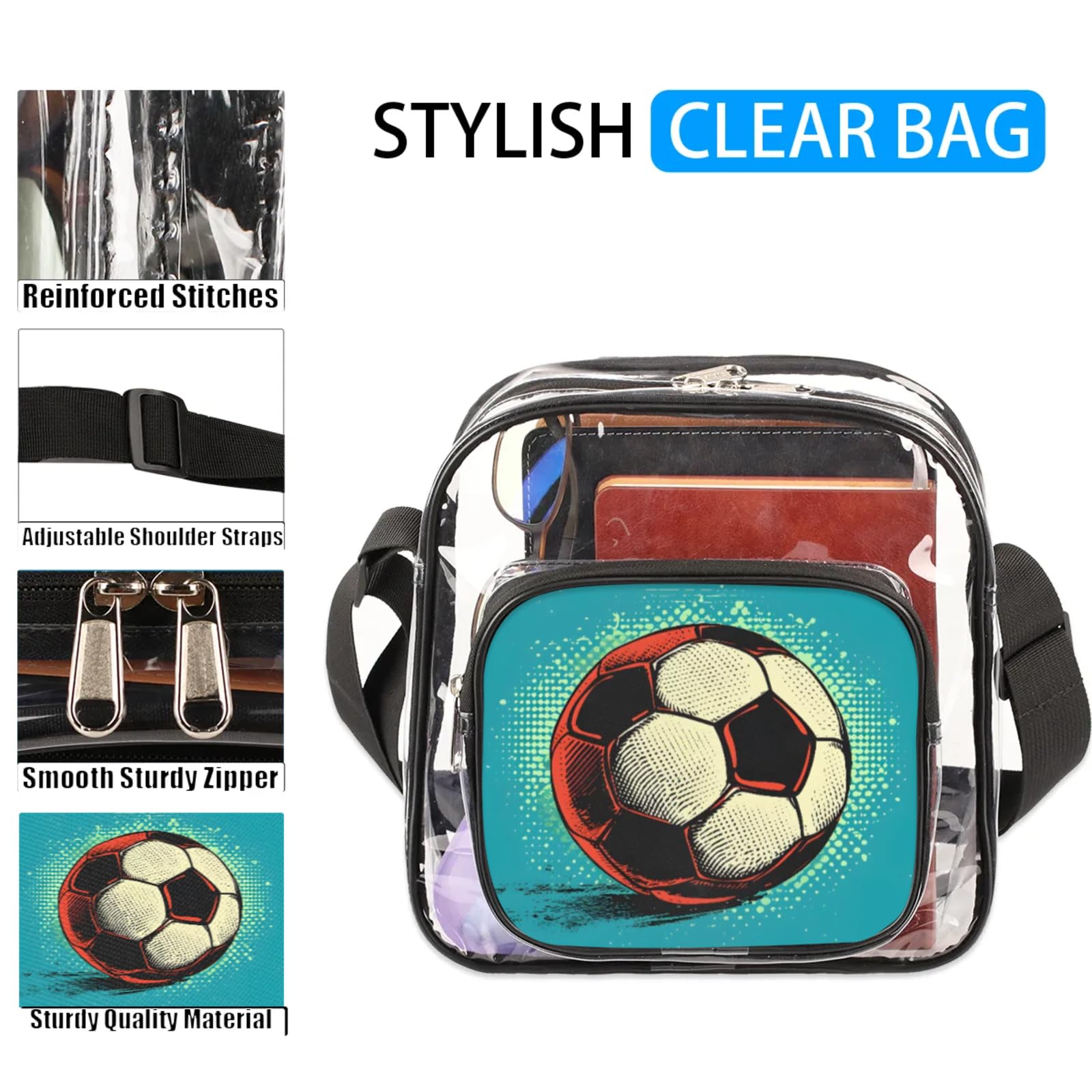 Clear Crossbody Bag Stadium Approved Sports Football Transparent Bag for Festivals, Sports Events, Concerts,Beach Bag for Women Men Clear Purse with Front Pocket Messenger Bag with Adjustable Strap