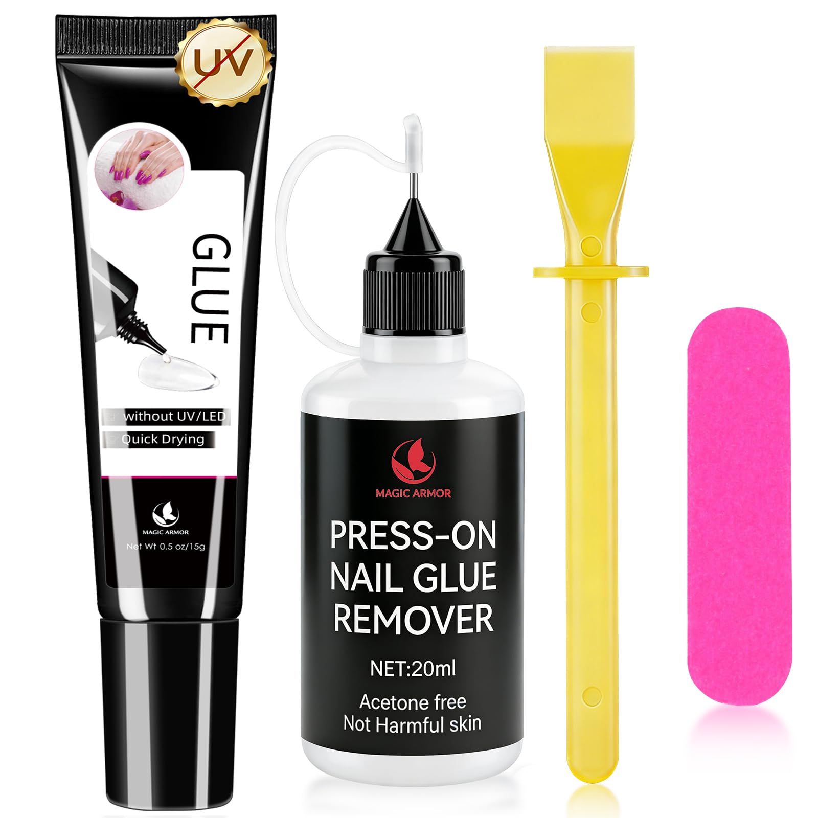 15g Nail Glue for Press On Nails with 20ml Nail Glue Remover and Tool, No UV Light Needed Semi Solid Nail Glue, Quick Drying Gel Long Lasting for Fake Acrylic Nails Clear