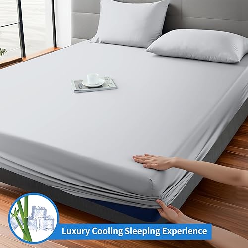 Miniatura 4 de Sábana bajera ajustable 100% viscosa de bambú, tamaño matrimonial, solo sábana bajera de 400 hilos, bolsillo profundo de 8 a 16 pulgadas, súper