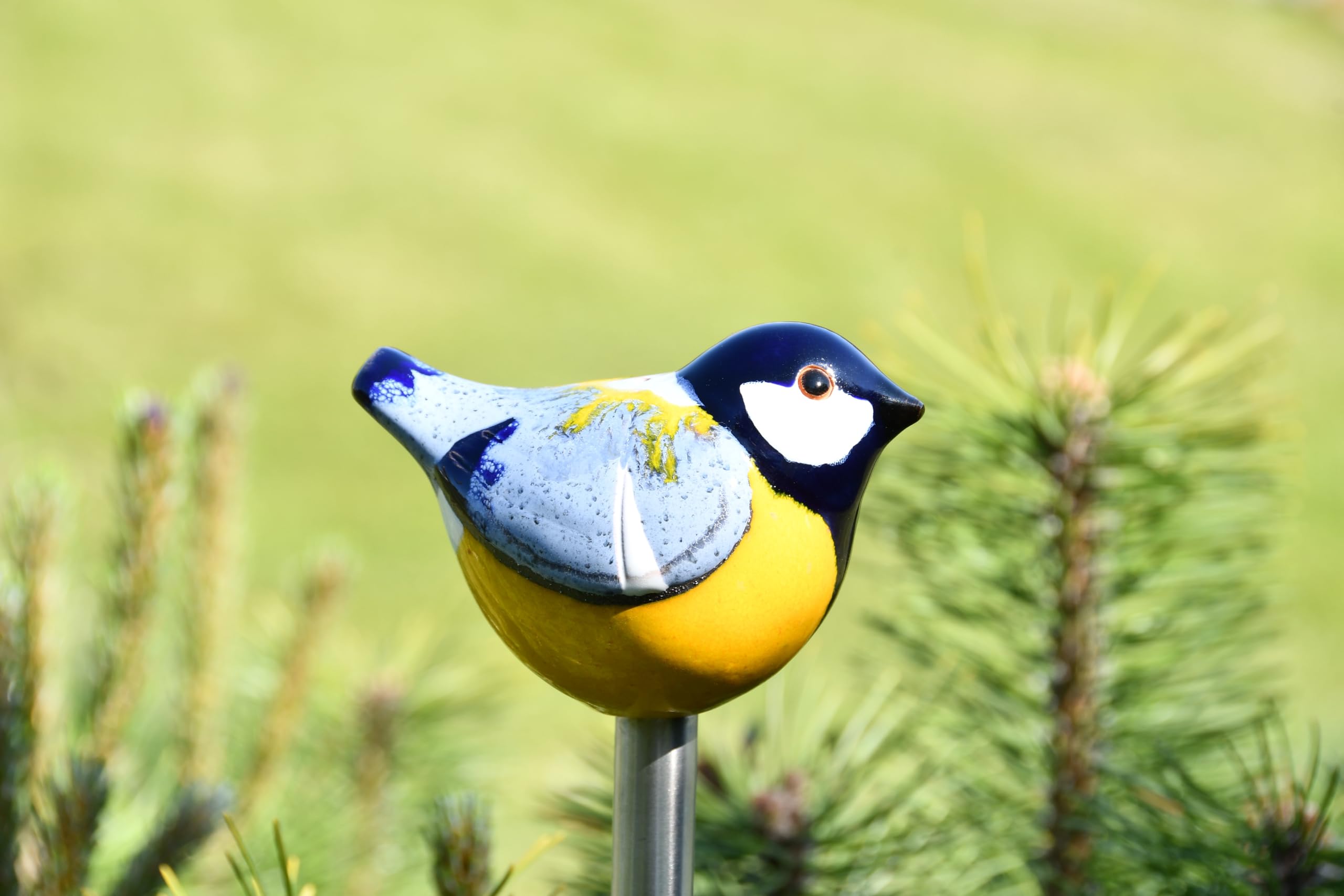 Gartenstecker Keramik Handgefertigt - Gartendeko für Draußen Wetterfest - Garten Deko Keramik - Vogel Gartenfiguren & Gartenstatuen - Blaumeise/Meise