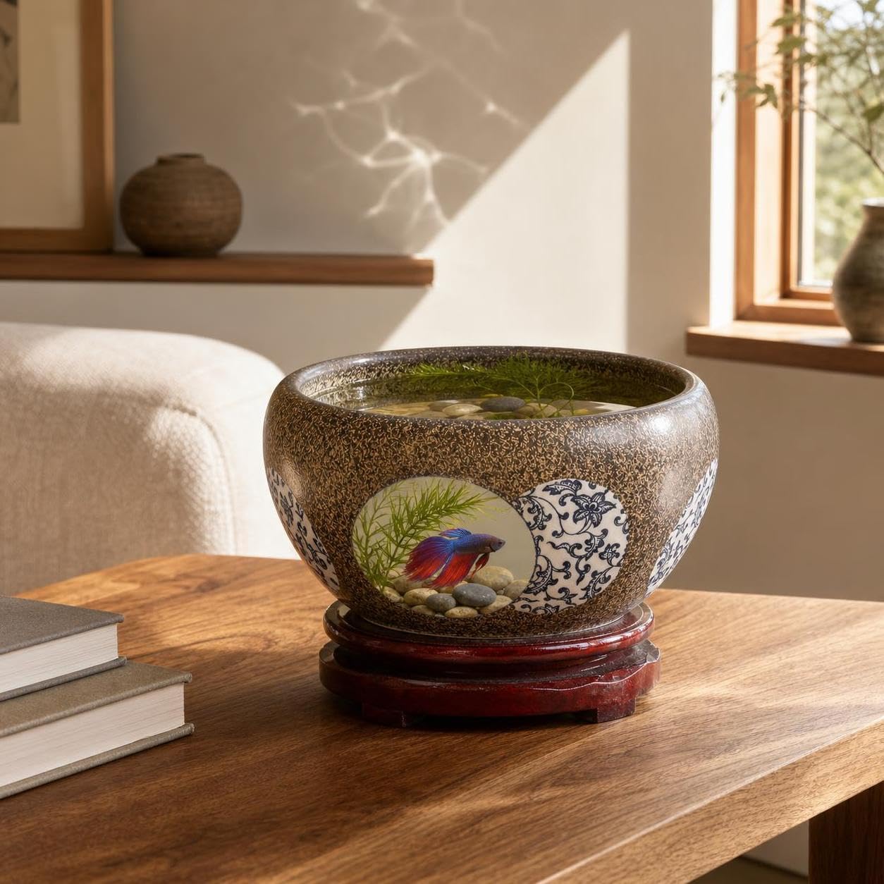 Acquario in Ceramica Finitura Retrò, Piccolo (diametro 24cm | Vasca per pesci, design con motivo, per acquario da tavolo, centrotavola decorativo, per arredamento, per hobby acquariofilo