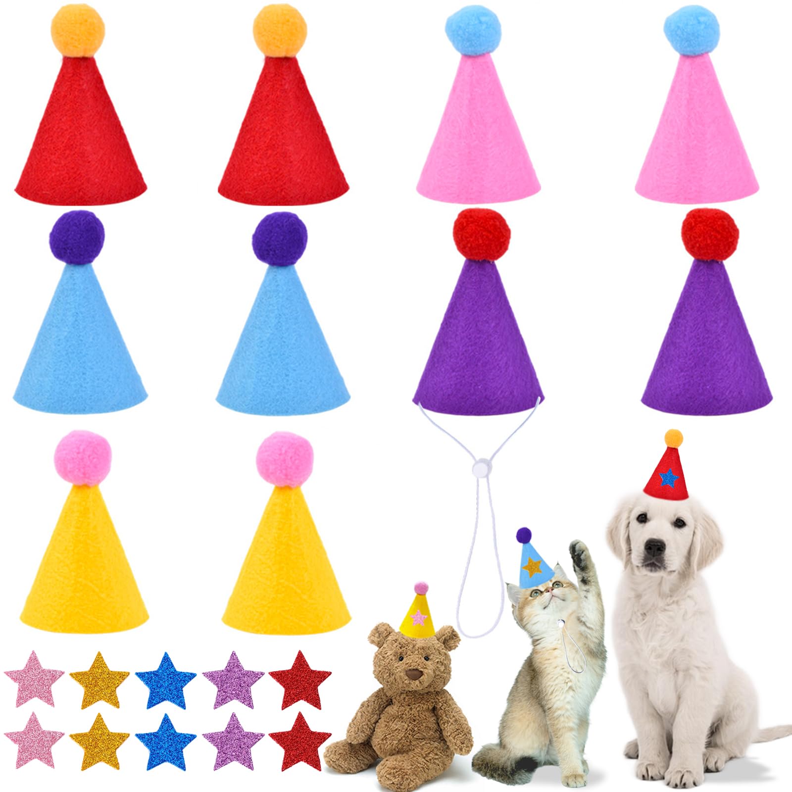 Y-YUEMY 10Pcs Mini Party Hats for Stuffed Animals, Felt Tiny Cone Hats for Dog Cat Small Animals Holiday Birthday Decoration