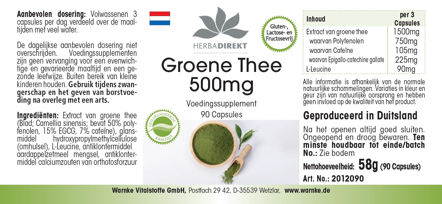 Estratto di tè verde - 90 capsule - 1500mg per dose giornaliera - EGCG - Camellia sinensis - min. 50% di polifenoli - vegano | HERBADIREKT by Warnke Vitalstoffe - Qualità farmaceutica tedesca