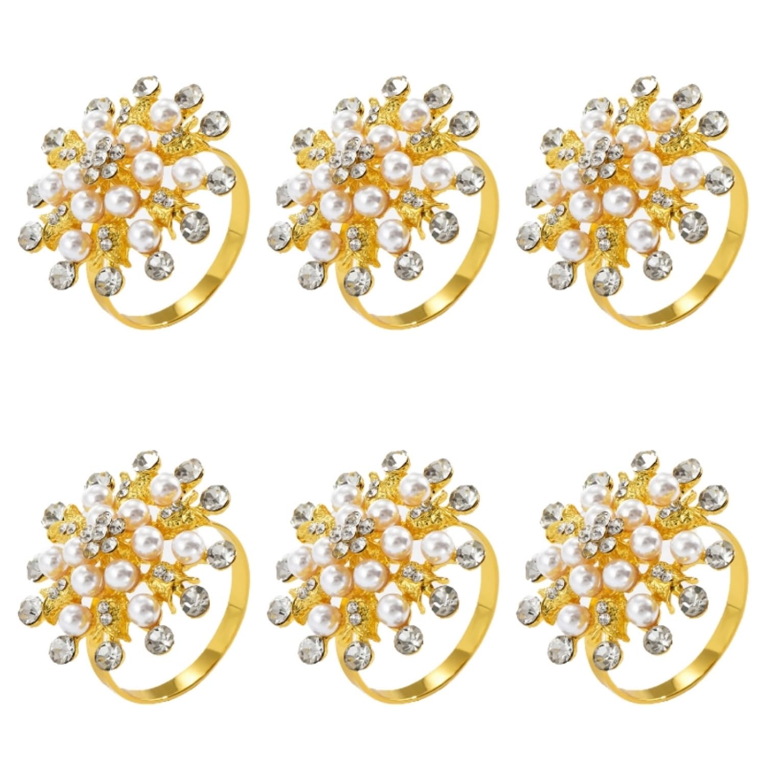 Gold Napkin Rings Set of 6 - Snowflake Pearl Rhinestone Napkin Ring Holder for Wedding Party Home Kitchen Dining Table Linen Accessories (Golden)