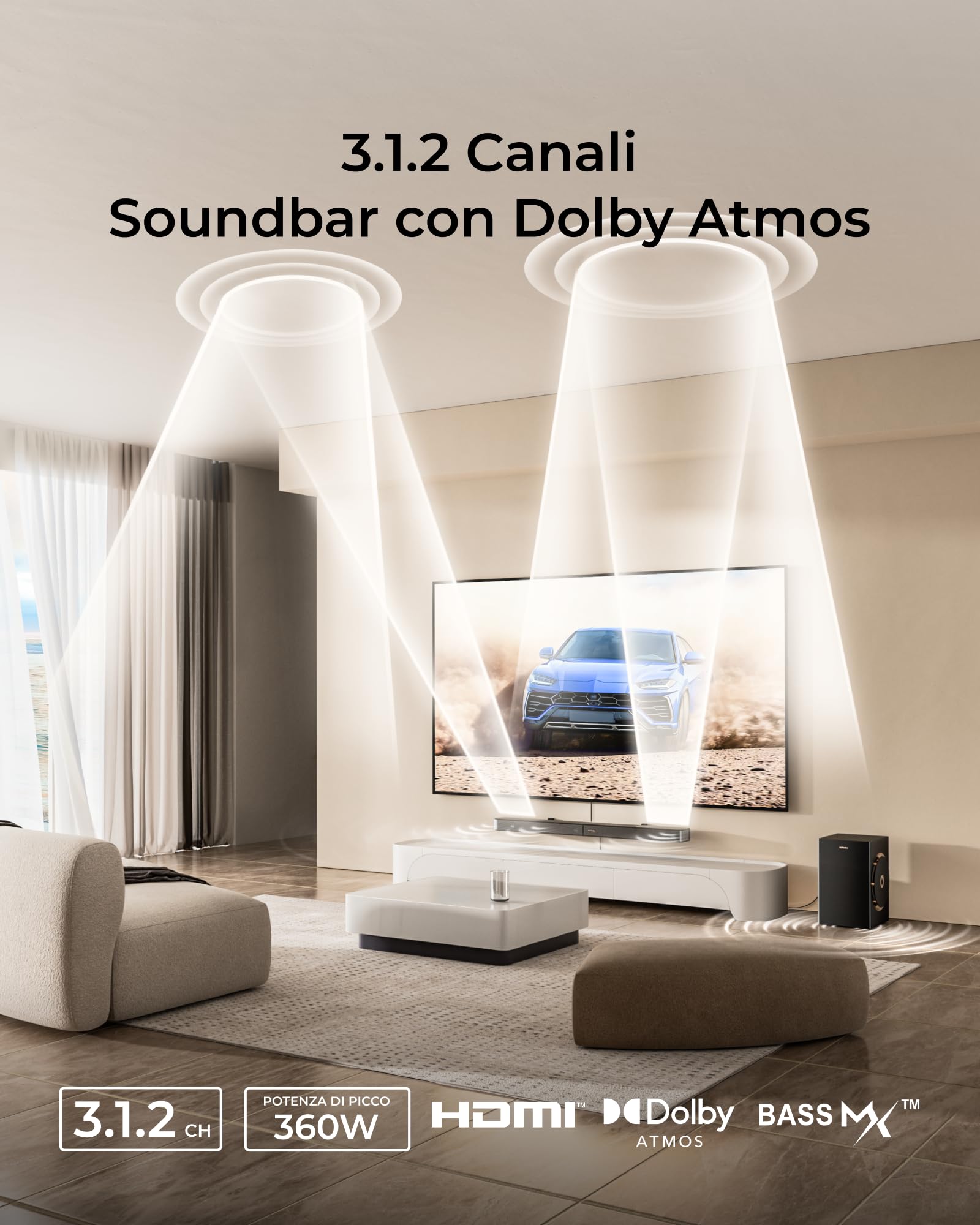 ULTIMEA Soundbar 3.1.2ch con Dolby Atmos, Impianto Audio Surround per TV con Subwoofer da 6.5", Soundbar per TV, Sound Bar con Subwoofer per Home Theater, BT 5.4, HDMI eARC, Skywave F30 Boom