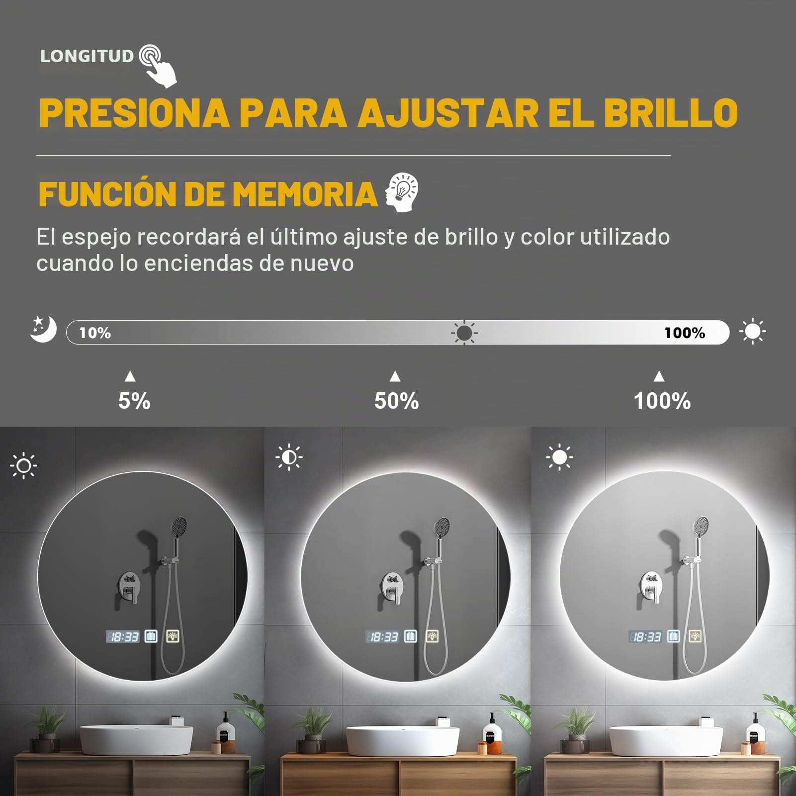 600 x 600mm Espejo de Baño con Iluminación Regulable 3000K 4500K 6500K | Tiempo Interruptor Táctil Función Antivaho IP44 Impermeable con Luz para Hotel Hogar Forma de Redondo