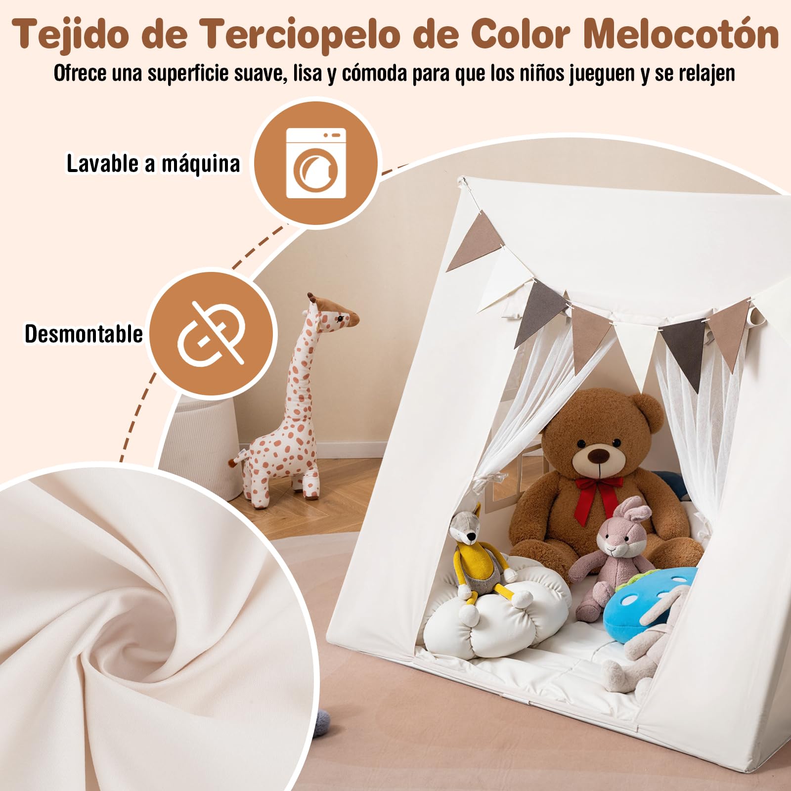 COSTWAY Tienda Campaña Infantil, Casita Infantil Interior con Alfombra Acolchada Lavable, Banderas Coloridas, Casita Niños Tela para Niños de 3+ Años, para Rincón de Lectura, Sala de Juegos