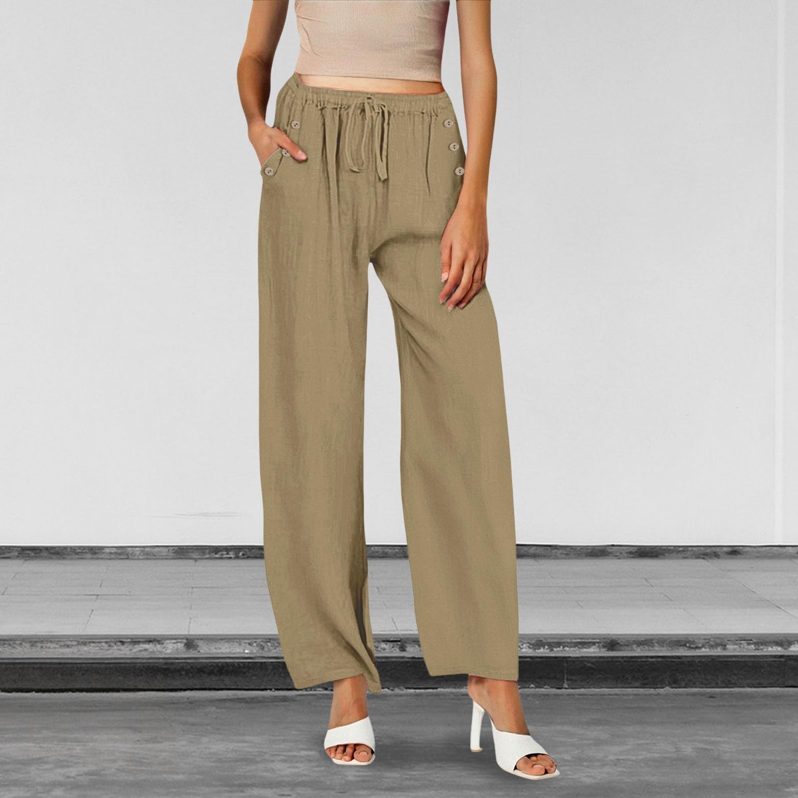 Generisch Pantalon d'été élégant en lin pour femme - Pantalon d'été léger - Pantalon sarouel - Couleur unie - Pantalon de loisirs élégant - Pantalon ample pour femme - Avec poches - Taille haute