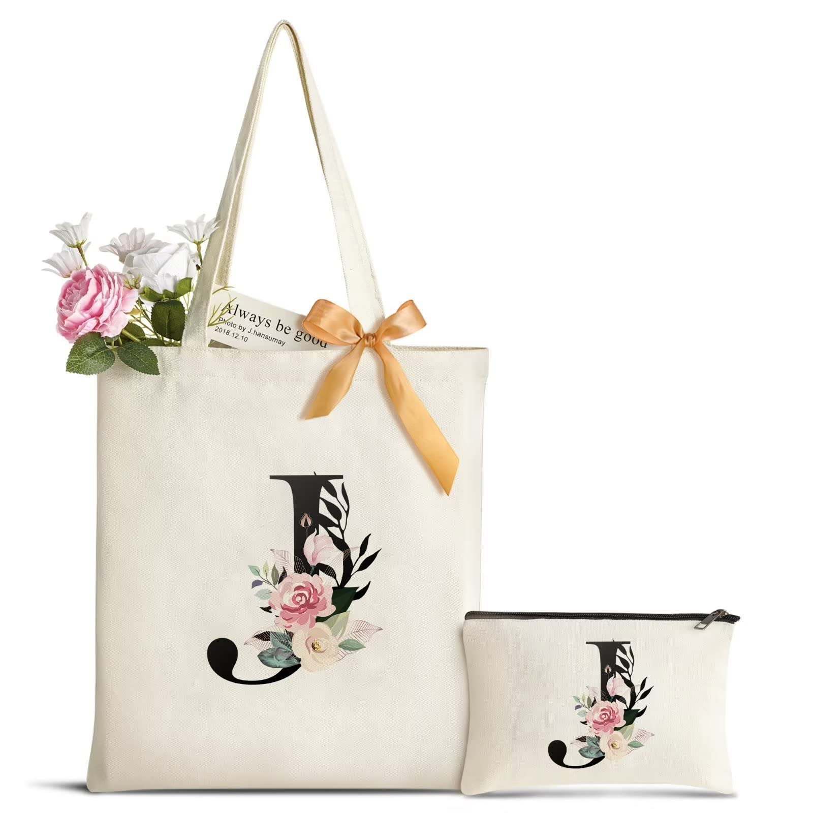 AUNOOL Initial Floral Tote Bag with 2 Inner Pockets, Monogrammed Gifts Beach Tote Bag, Personalized Wedding Gift Bag for Women Teacher Sister Bridesmaid, Reusable Shopping Bag Letter J…, White