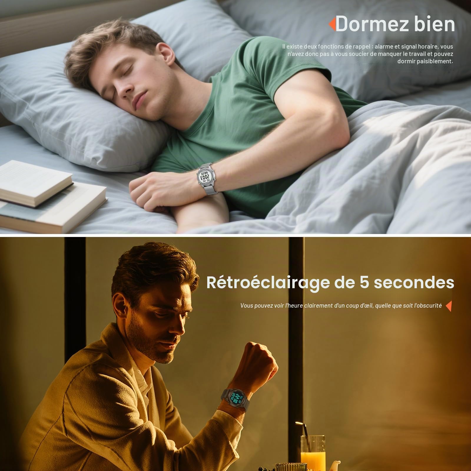 Hearkent Montre numérique étanche pour homme avec podomètre, alarme, calories, distance, alarme, compte à rebours, bracelet en acier inoxydable