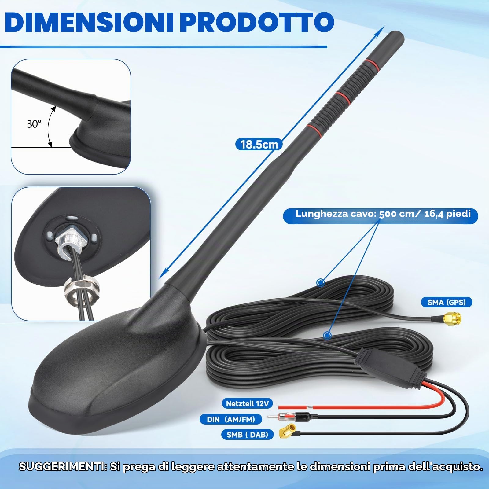 Eightwood Antenna Auto Attiva DAB+FM GPS Cavo 5m Connettori SMB SMA DIN | Antenna da tetto universale con amplificatore di segnale integrato Compatibile autoradio digitale GPS