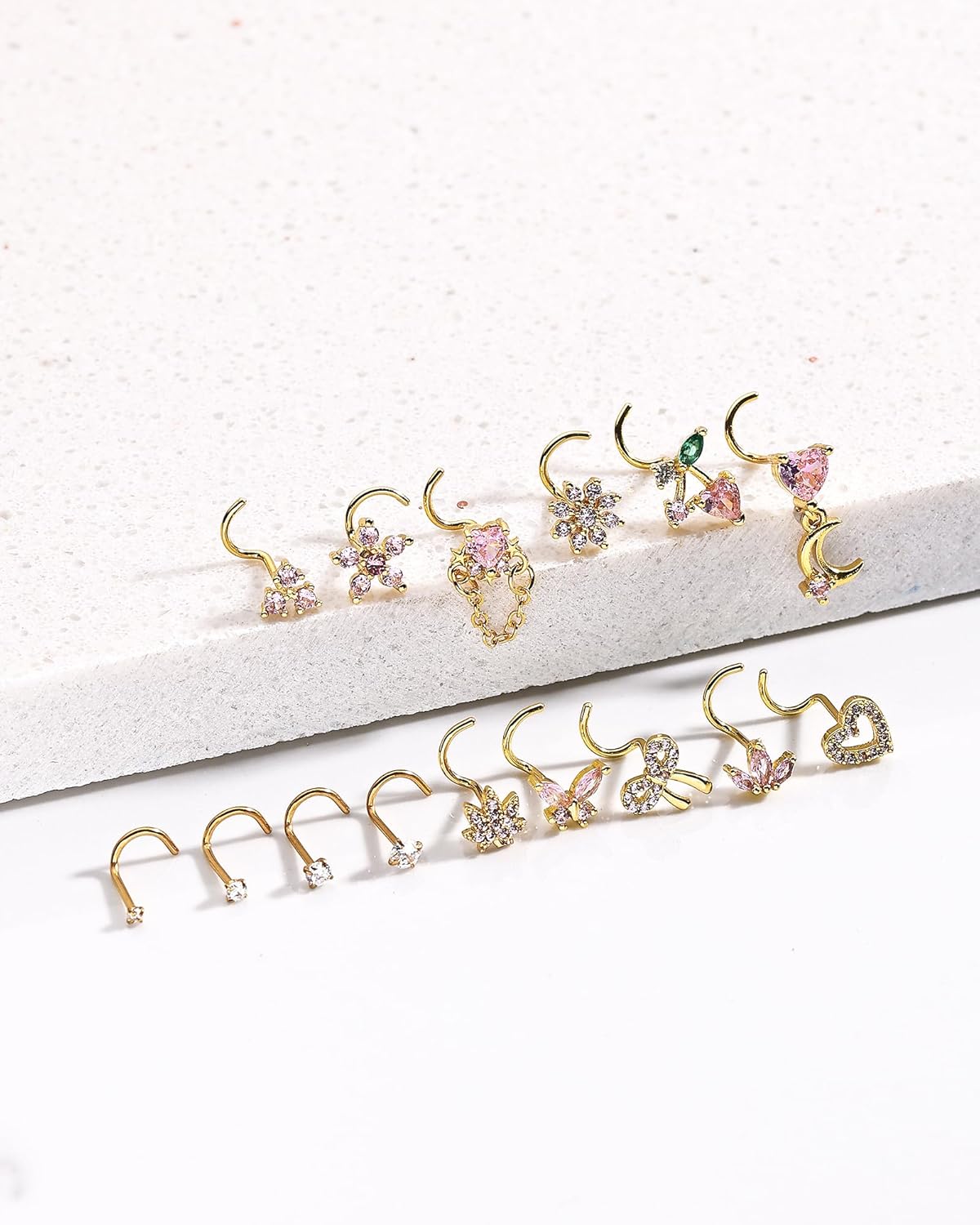 Nose Rings Corkscrew for Women Nose Piercings 20G Surgical Stainless Steel Gold Plated Nose Studs Pink Red CZ Heart Butterfly Flower Cherry Bow Moon Dangle Nose Piercing Jewelry - Image 2