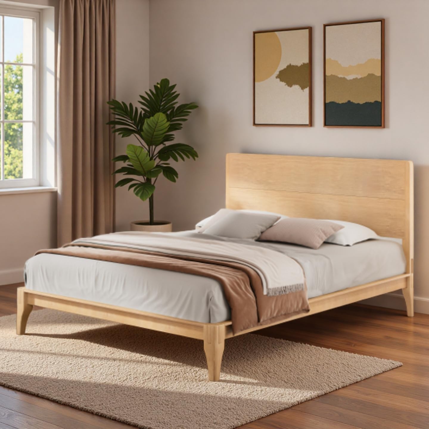 SOFTSEA Mid-Century Modern Bamboo Bed Frame with Tall Headboard for Adult, King Size Bamboo Platform Bed with Storage, Rusric King Bed Frame with